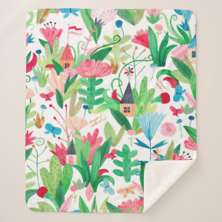 Fields of flowers and plants with small houses, bu sherpa blanket