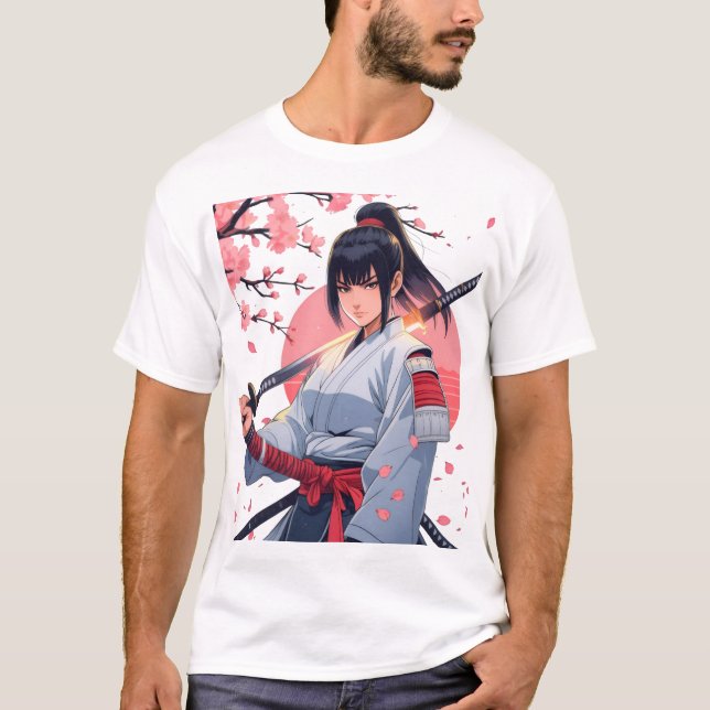 Fierce Anime Samurai Girl Katana |Japanese Warrior T-Shirt (Front)