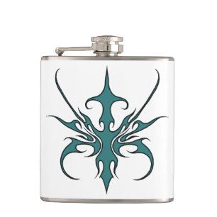 Fierce Aquamarine Tribal Line Art Illustration Hip Flask