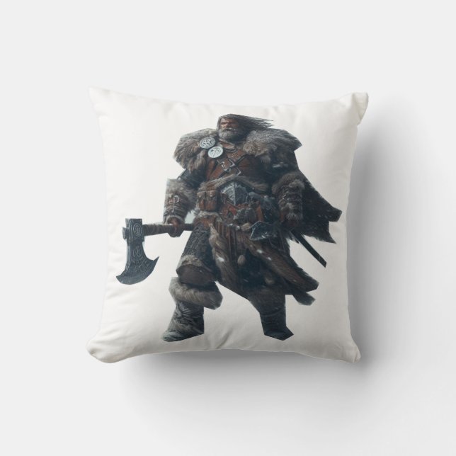 Fierce Barbarian Warrior with Ancient Axe  Cushion (Front)