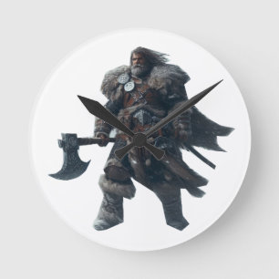 Fierce Barbarian Warrior with Ancient Axe Round Clock