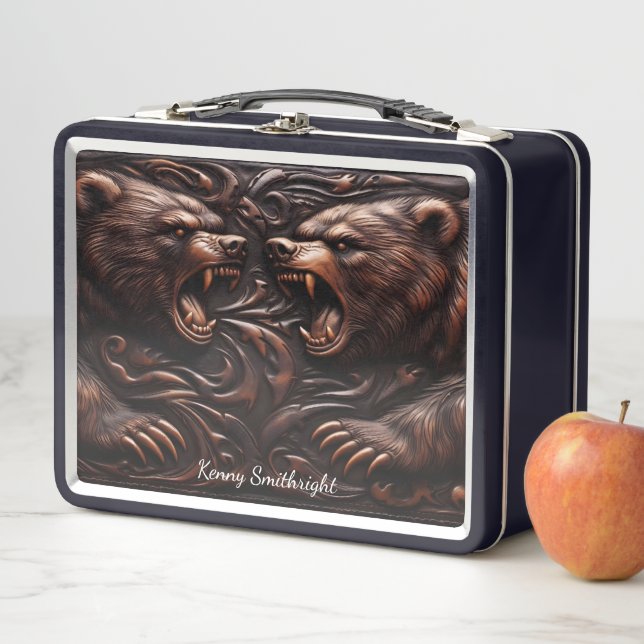 Fierce Bear Embossed in Rugged Leather Metal Lunch Box (In Situ)