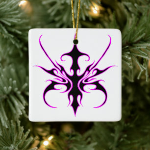 Fierce Black and Pink Tribal Line Art Illustration Ceramic Ornament