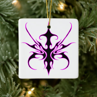 Fierce Black and Pink Tribal Line Art Illustration Ceramic Ornament
