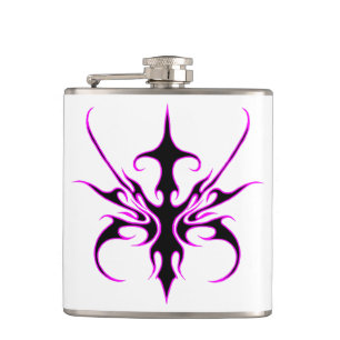 Fierce Black and Pink Tribal Line Art Illustration Hip Flask