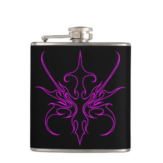 Fierce Black and Pink Tribal Line Art Illustration Hip Flask