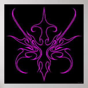 Fierce Black and Pink Tribal Line Art Illustration Poster