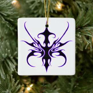 Fierce Black and Purple Tribal Line Art Ceramic Ornament