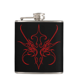 Fierce Black and Red Tribal Line Art Illustration Hip Flask