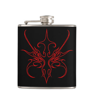 Fierce Black and Red Tribal Line Art Illustration Hip Flask