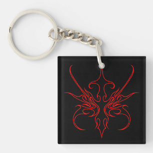 Fierce Black and Red Tribal Line Art Illustration Key Ring