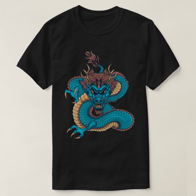 Fierce Blue Chinese Dragon T-Shirt (Design Front)