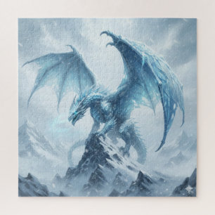 Fierce Blue Ice Dragon On A Mountaintop Jigsaw Puzzle