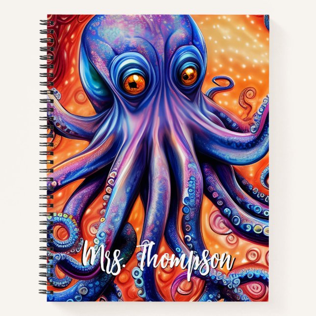 Fierce Blue Watercolor Octopus with Custom Name Notebook (Front)