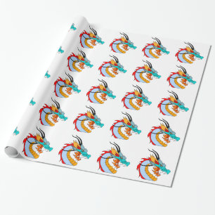 Fierce Blue, Yellow, Red, Orange Chinese Dragon Wrapping Paper