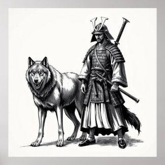 Fierce Bond: Samurai and Wolf Charcoal Art Poster