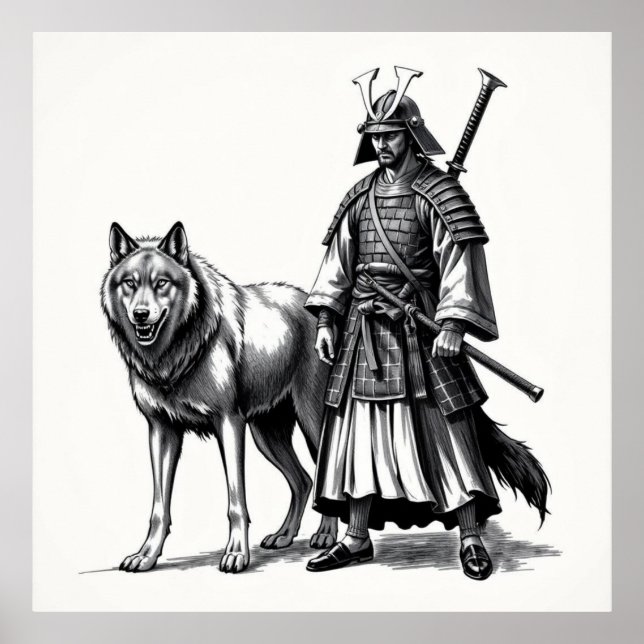 Fierce Bond: Samurai and Wolf Charcoal Art Poster (Front)
