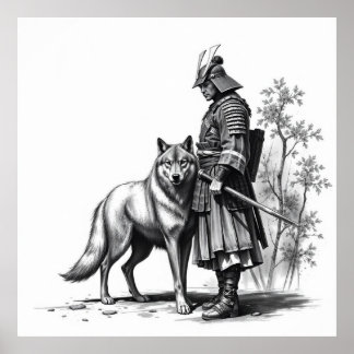 Fierce Bond: Samurai and Wolf Charcoal Art Poster