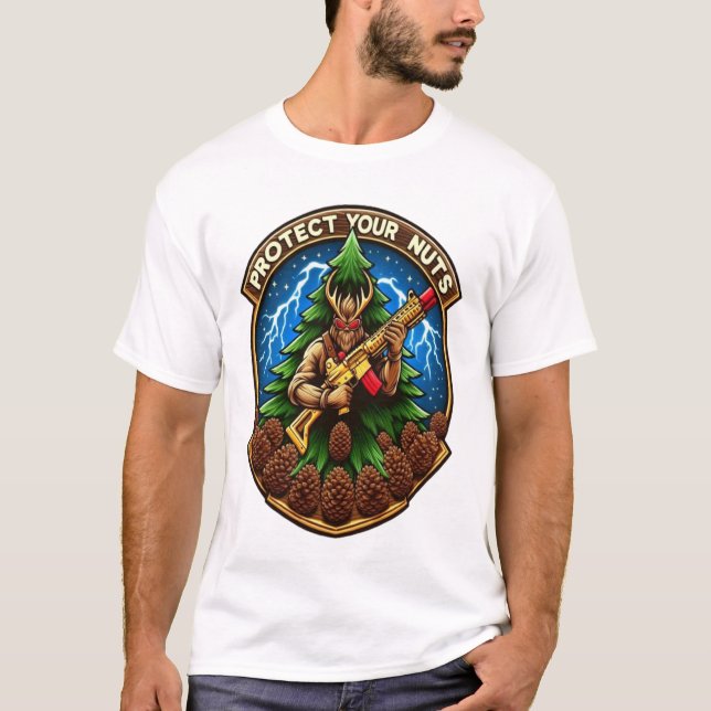 Fierce Cartoon Squirrel Defending Pine Cones  T-Shirt (Front)