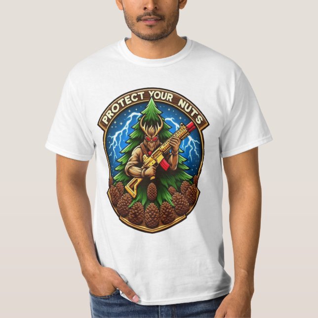 Fierce Cartoon Squirrel Defending Pine Cones  T-Shirt (Front)