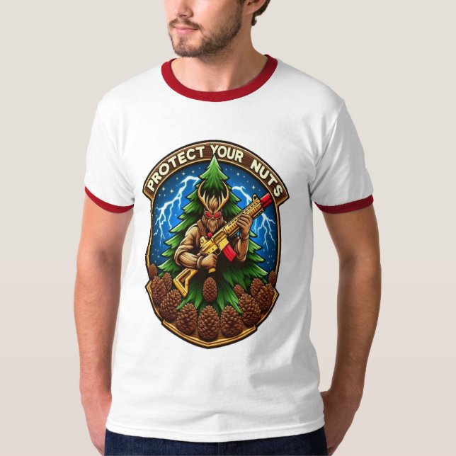 Fierce Cartoon Squirrel Defending Pine Cones  T-Shirt (Front)