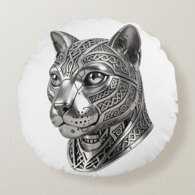Fierce Celtic Silver Cat Head – Stealth Warrior To Round Cushion (Front)