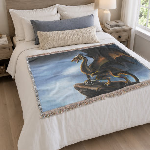 Fierce Copper Gold Black Dragon Fantasy Throw Blanket
