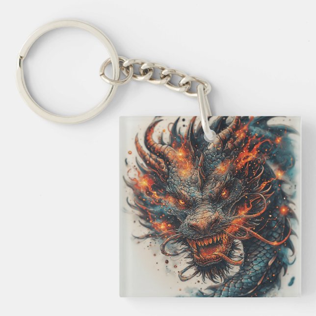 🐉 Fierce Dragon Head Mythical Fantasy Bold Art Key Ring (Front)