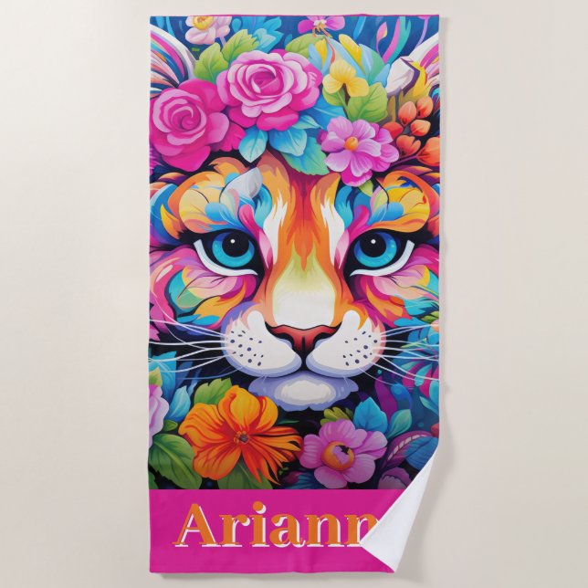 Fierce Elegance: Customisable Floral Tiger Art Beach Towel (Front)
