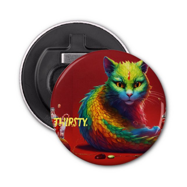 "Fierce Elegance: Red Dragon Cat Mouse Round  Bottle Opener (Front)