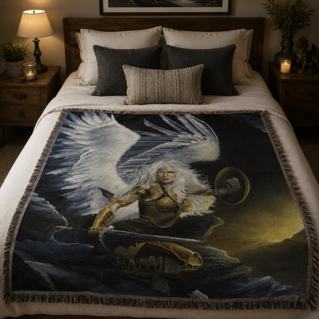 Fierce Fantasy Warrior Angel Sword Throw Blanket (Creator Uploaded)
