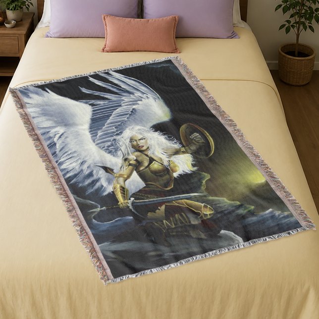 Fierce Fantasy Warrior Angel Sword Throw Blanket (Creator Uploaded)