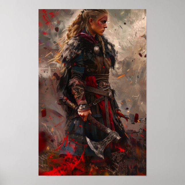 Fierce Female Viking Warrior Holding Viking Axe Po Poster (Front)