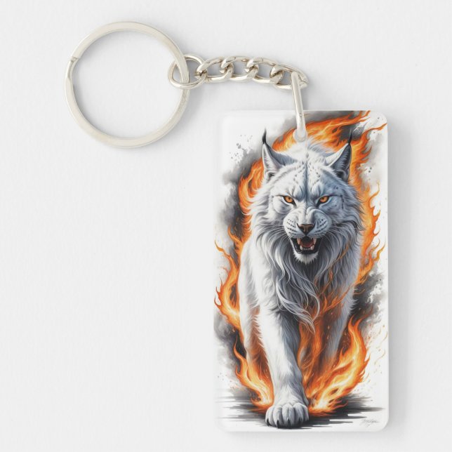 Fierce Flaming Lynx Walking Through Flames Key Ring (Front)