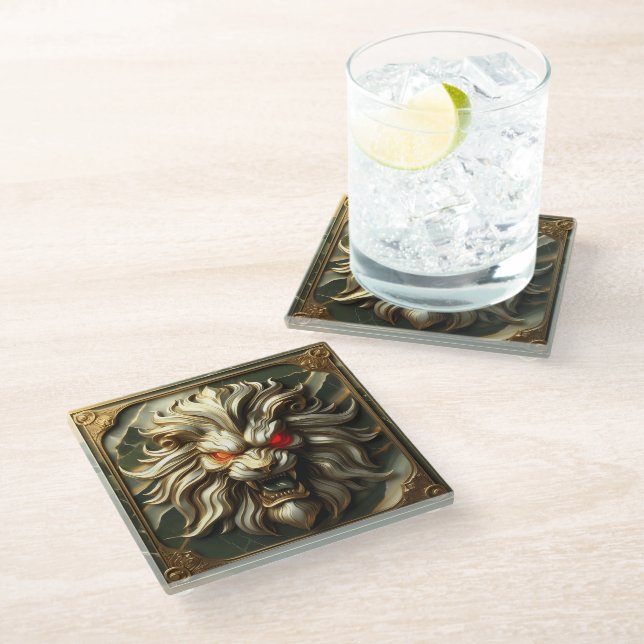 Fierce Golden Lion with Blazing Red Eyes Glass Coaster (Angled)