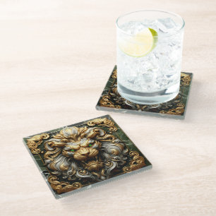 Fierce Golden Lion with Emerald Accents Glass Coaster