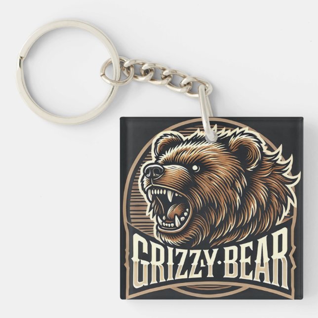 Fierce Grizzly Bear Illustration Key Ring (Front)