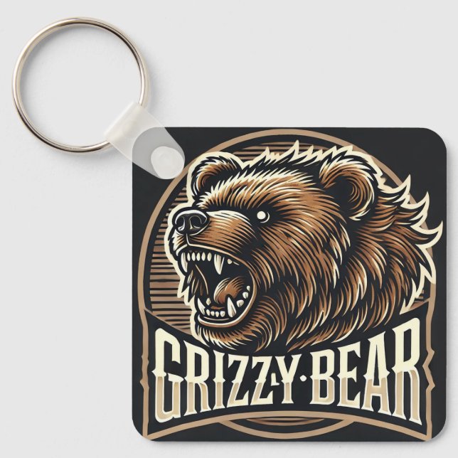 Fierce Grizzly Bear Illustration Key Ring (Front)