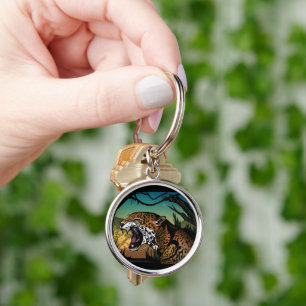 Fierce Growling Jaguar Jungle Art – Bold Teal Key Ring