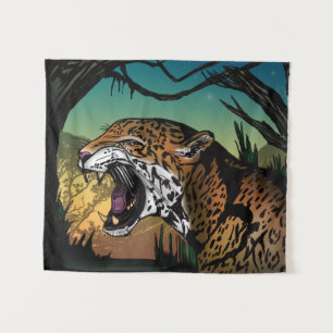 Fierce Growling Jaguar Jungle Tapestry