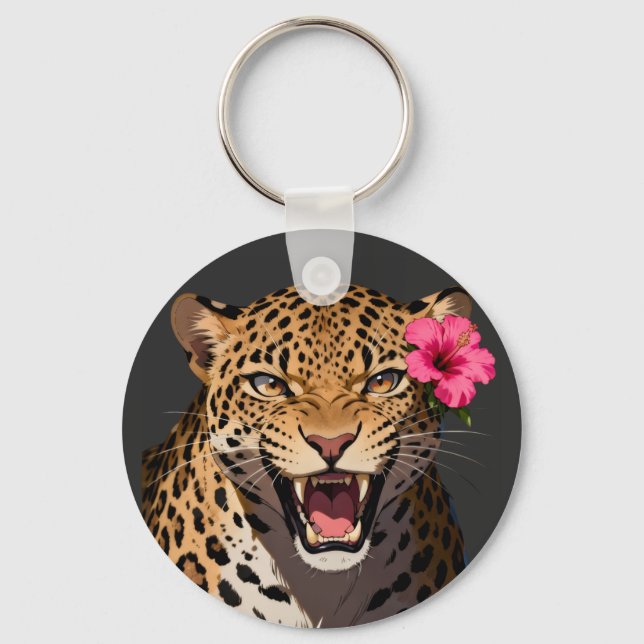 Fierce Leopard Pink Flower Keychain (Front)