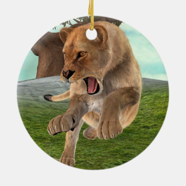 Fierce Lioness Jungle Adventure Art Ceramic Tree Decoration (Back)