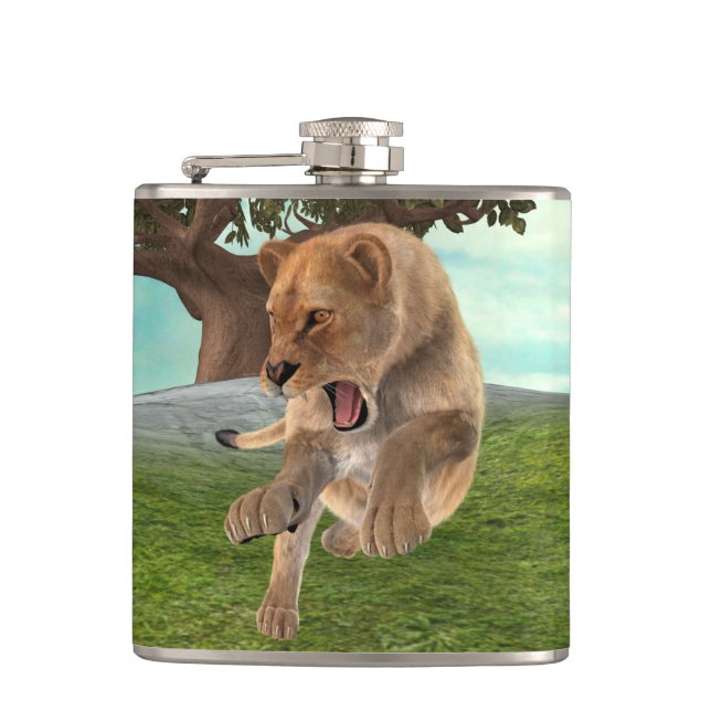 Fierce Lioness Jungle Adventure Art Hip Flask (Front)