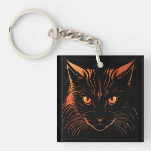 Fierce Orange-Eyed Cat Illustration Key Ring