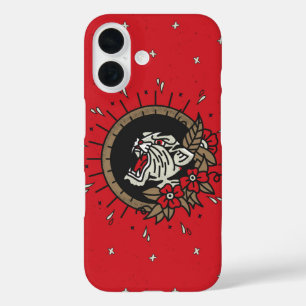 Fierce Panther Tattoo Style with Floral Wreath iPhone 16 Case