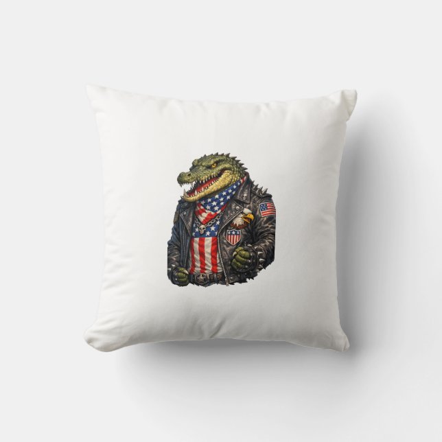 Fierce Patriotic Alligator Biker Leather Jacket St Cushion (Front)