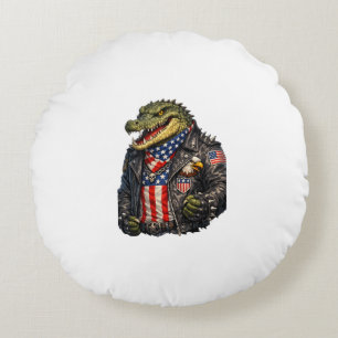 Fierce Patriotic Alligator Biker Leather Jacket St Round Cushion