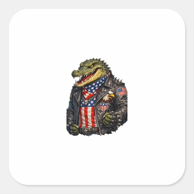 Fierce Patriotic Alligator Biker Leather Jacket St Square Sticker (Front)