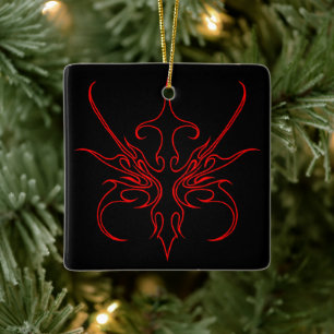 Fierce Red and Black Tribal Line Art Illustration Ceramic Ornament