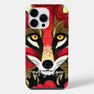 Fierce Red and Gold Fox with Custom Name iPhone 14 Pro Max Case